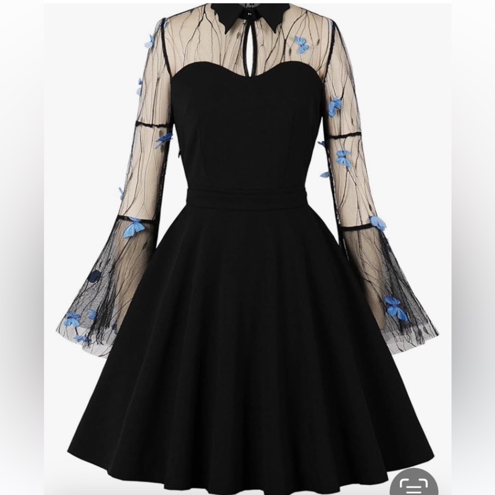 NWT DOSE Black Dress detail Sheer 3D blue butterflies long Sleeves mini dress. M